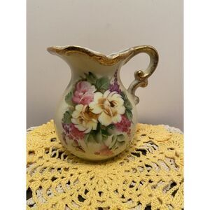 Japan Floral Gold Gilt Porcelain Pitcher Vase  Hand Painted Victorian Style  6"h